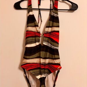 Vince Camuto Red and Olive Striped One Piece Swimsuit
